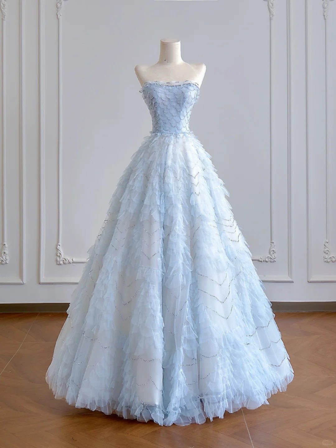 Light blue shiny sequined organza long tulle floor-length ball gown evening dress graduation dress nv5103