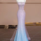 Blue Pink Glitter Beaded Ombre Long Tulle Mermaid Bodycon Floor Length Ball Gown Evening Gown Party Dress nv5054