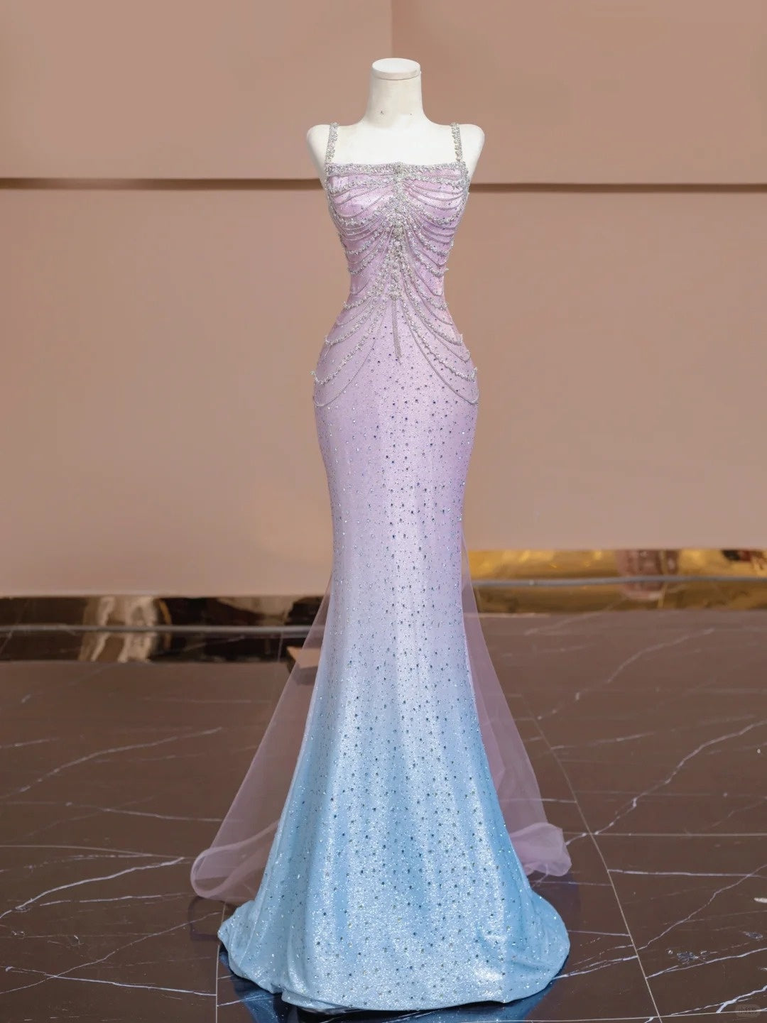 Blue Pink Glitter Beaded Ombre Long Tulle Mermaid Bodycon Floor Length Ball Gown Evening Gown Party Dress nv5054