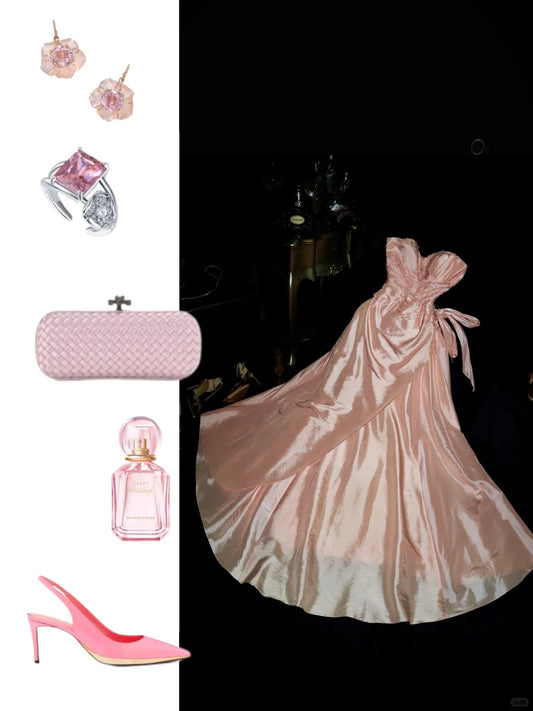 Light pink fashionable sweetheart neckline beaded long tulle satin ball gown evening dress nv5252