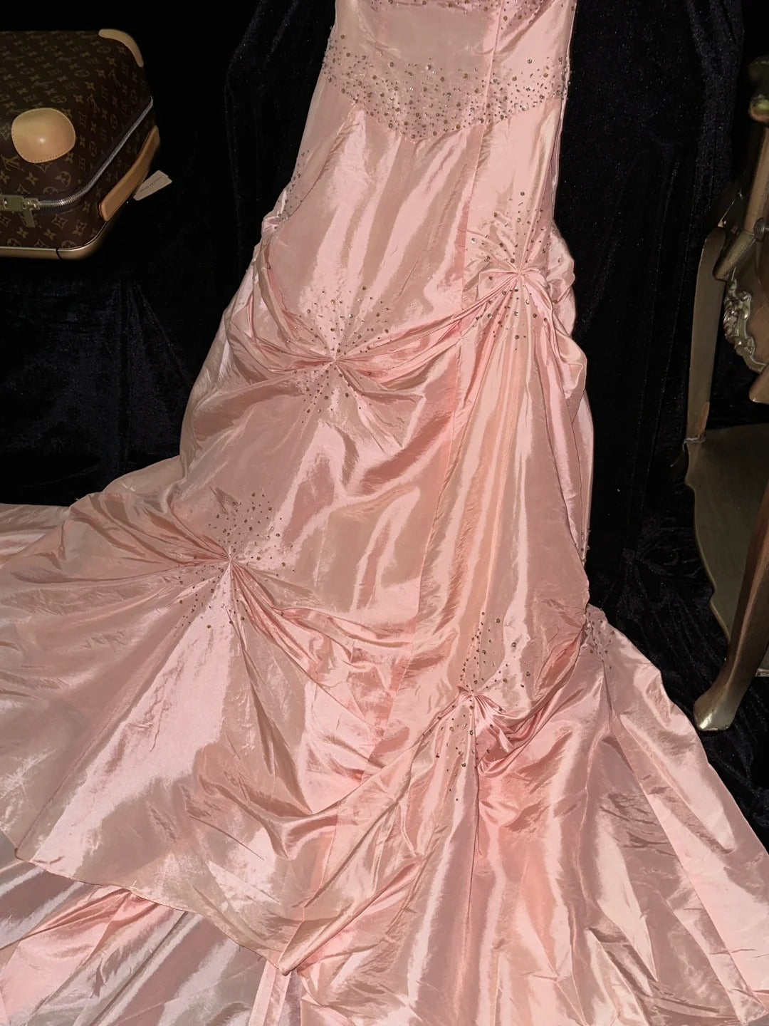 Light pink fashionable sweetheart neckline beaded long tulle satin ball gown evening dress nv5252