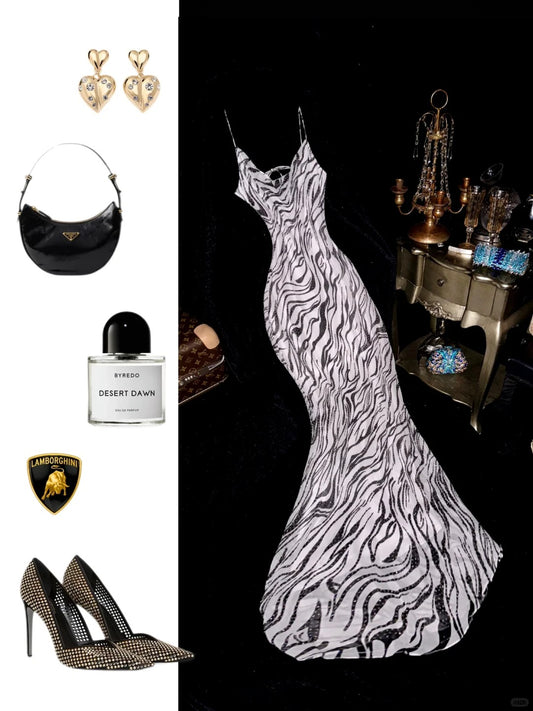 Black and White Zebra Print Fashion Spaghetti Strap Long Satin prom Gown Evening Dress Birthday Party Dress nv5254