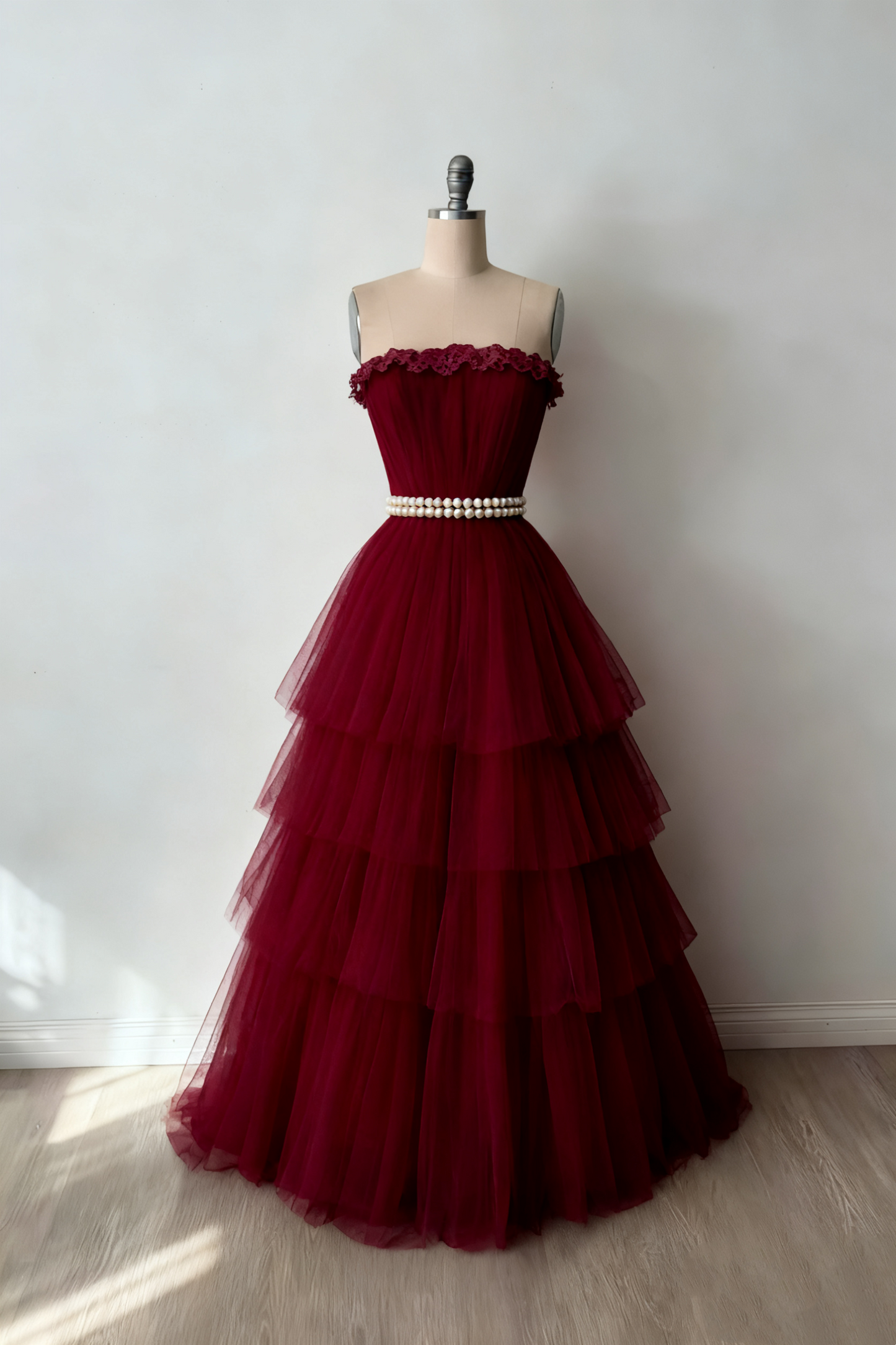 (Exclusive Original Design Dress)Sleeveless Ivory Tulle Gown | Fairy Luxury Lace Pearl Belt Tiered Ball Dress for Gala Gathering NV6305