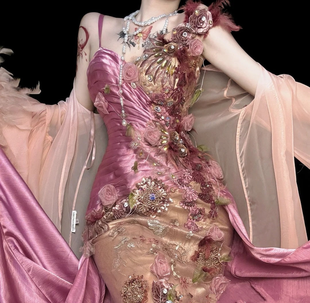 🌸Robe de soirée longue en satin à fleurs roses et violettes, robe de fée nv4433