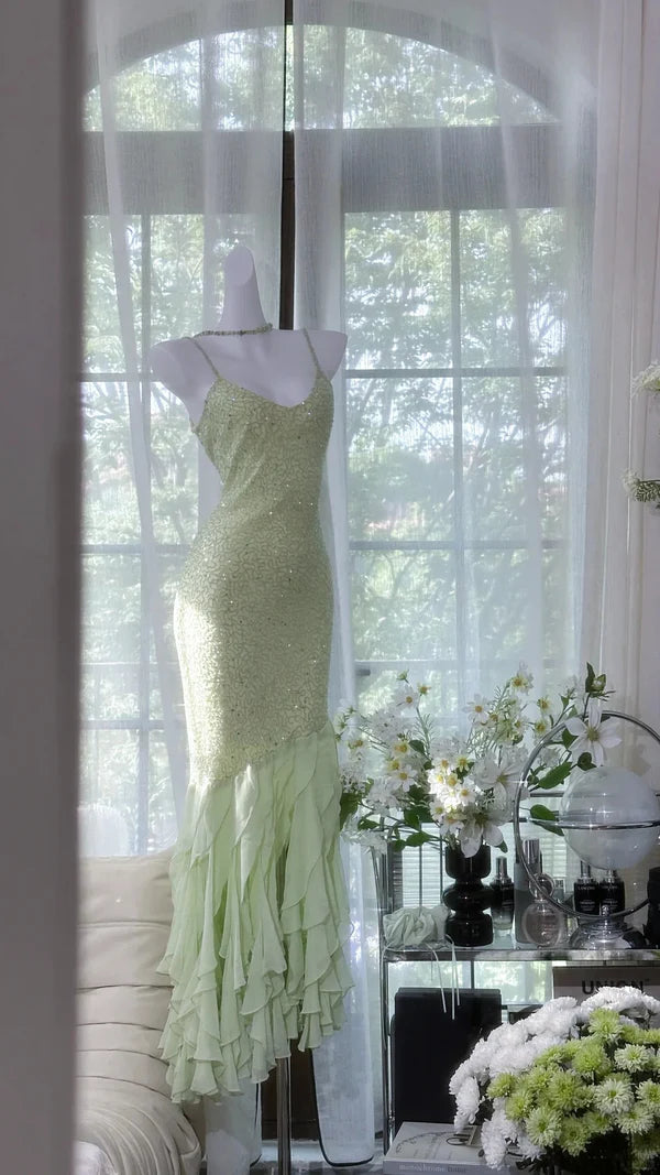 Green Mermaid Formal Dress Vintage Long Chiffon Party Dress Evening Dress Prom Dresses nv4326