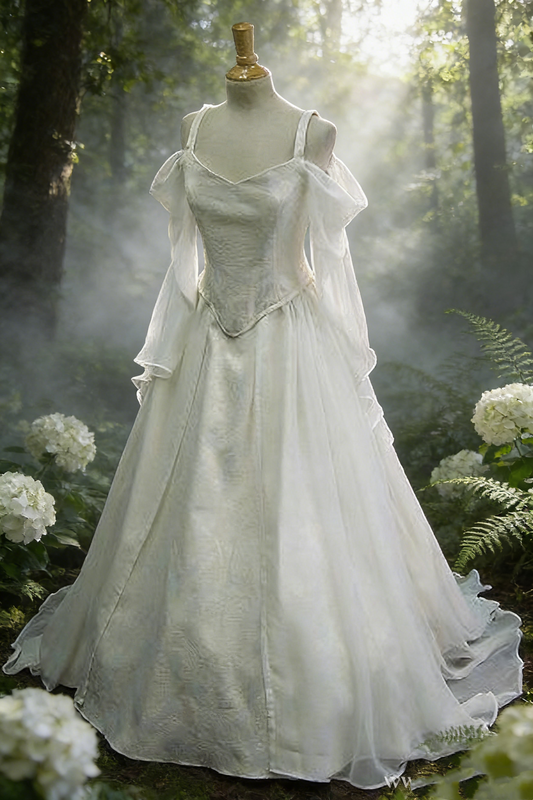 White Retro Long Evening Gown, Forest-Style Wedding Dress, Simple Wedding Dress NV6812
