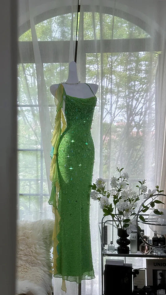 Vintage Evening Dresses, Green Sequin Mermaid Sleeveless Long Party Gowns nv4331