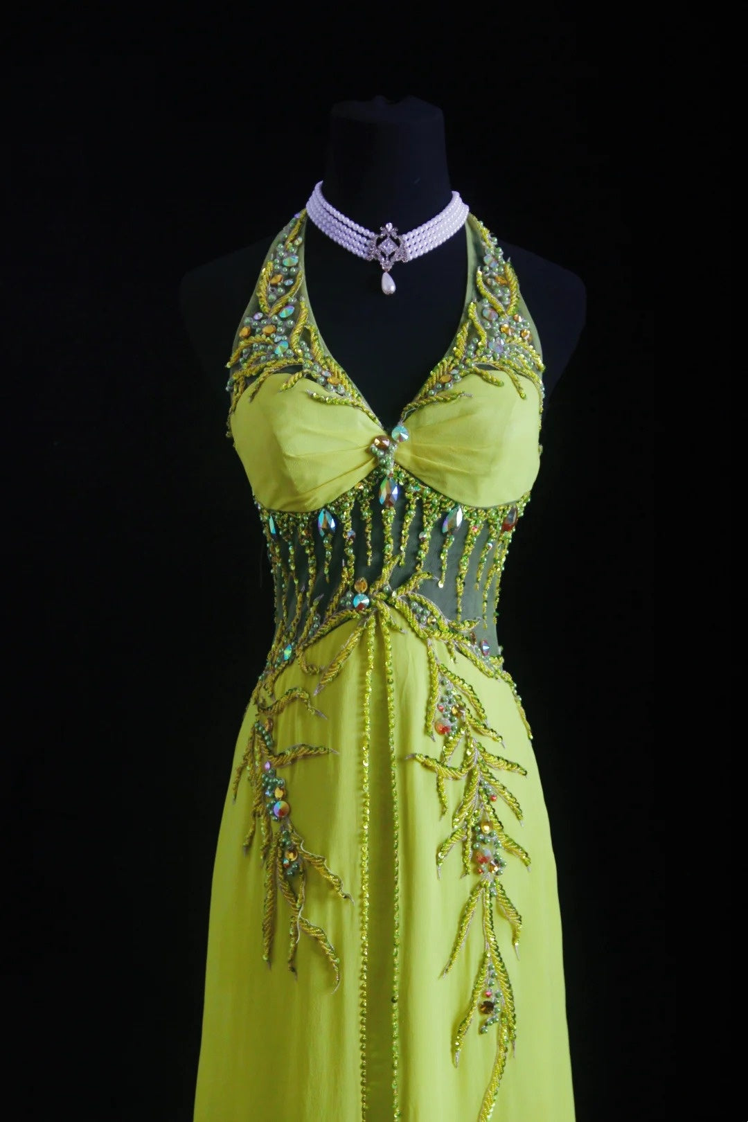 NiceVestidos--Dreamy Handmade Beaded Niche Forest Fairy Tale Nature Art Glam Yellow Green Chiffon Beaded Halter Neck Fitted Long Prom Dress NV5793