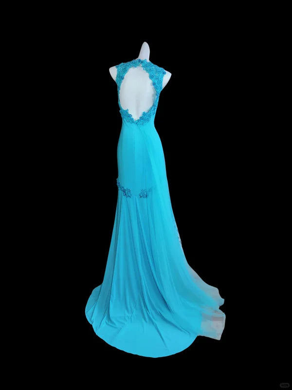 Blaues rückenfreies langes Chiffon-Ballkleid mit Perlenbesatz, Abendkleid, Abschlusskleid, nv4400