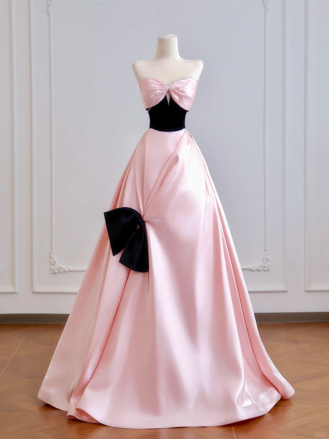 Pink Bow Long Satin Ball Gown Evening Dress nv4943