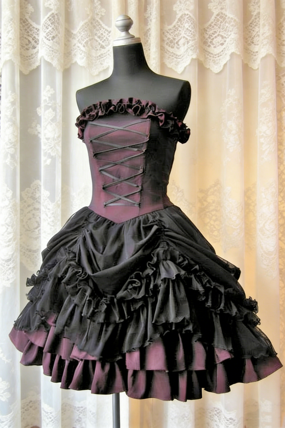 Black-Purple Contrast Strapless Mini Dress - Lace-Up Corset Multi-Ruffle Party/Theme Date Dress NV6806