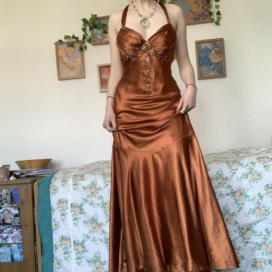 Robe de soirée longue en satin marron dos nu, coupe trapèze, robe de soirée formelle vintage nv1899
