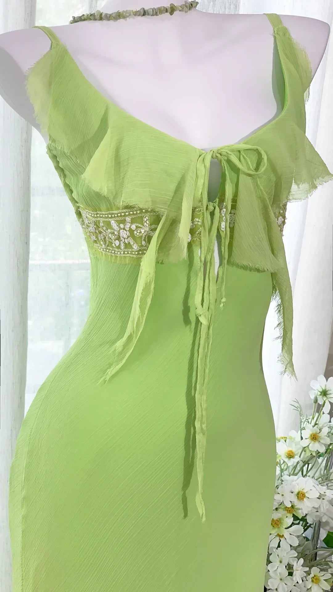 Green Beaded Long Chiffon Mermaid Dress Vintage Party Dress Evening Gown Prom Dress nv4325