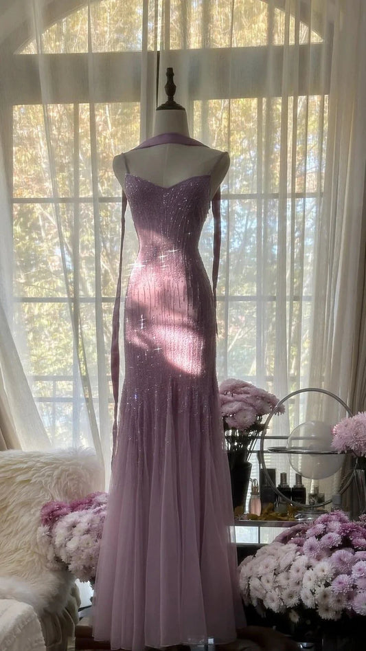 Purple Luxury Gorgeous Elegant Exquisite Beaded Mermaid Spaghetti Straps Long Tulle Sequined Prom Dress Evening Dress Graduation Dress Party Dress nv4031