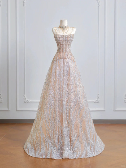 Champagner glänzend wunderschöne Palast Prinzessin lange Tüll bodenlangen Ballkleid Abendkleid Abschlusskleid nv5105