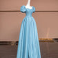 Blue Delicate Beaded Long Satin Prom Dress Ball Gown Evening Gown Party Dress nv4731