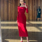 Robe de soirée moulante rouge à manches longues et à la mode nv1906