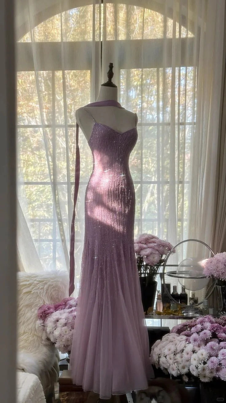 Robe de soirée longue en tulle et paillettes, luxueuse et élégante, style sirène, avec perles et bretelles spaghetti, robe de bal, robe de remise de diplôme, robe de soirée, nv4031