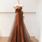 Brown Satin Elegant Long Mermaid Tulle Prom Dress Evening Dress Party Dress nv4752