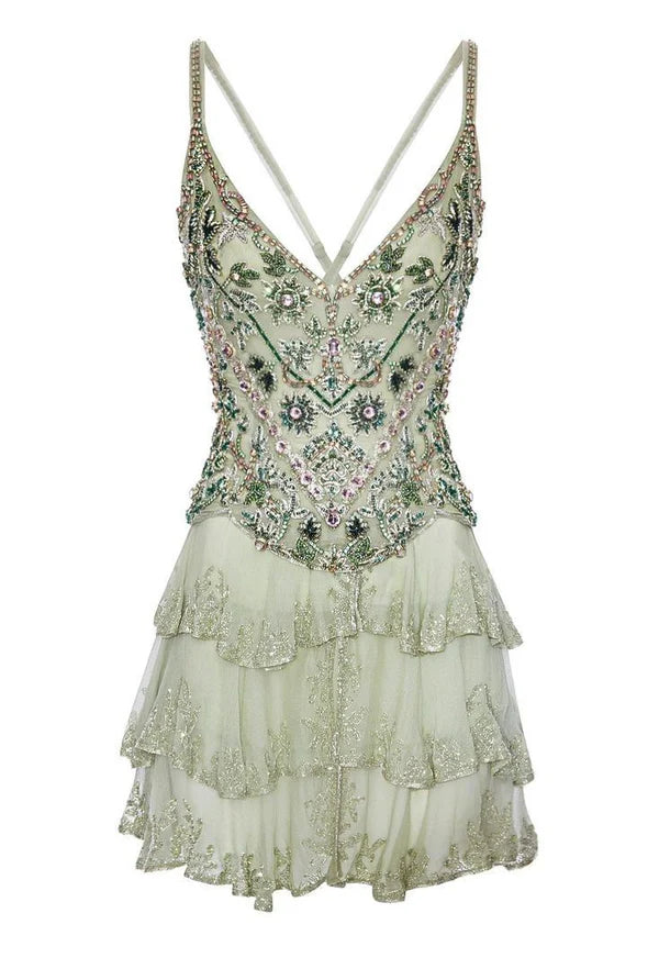 Green shiny floral fashion short ruffle chiffon homecoming dress birthday party dress nv5282