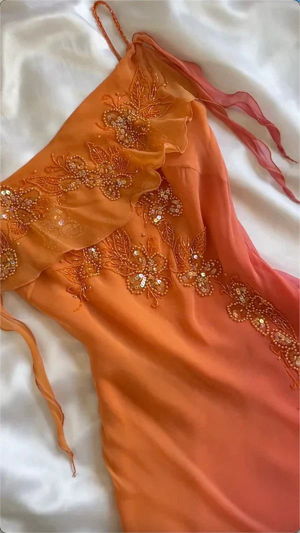 NiceVestidos-Orange Red Fashion Gradient Gorgeous Spaghetti Strap Beaded Charming Short Chiffon Homecoming Dress Fairy Dress Fairy Tale Dress nv5528