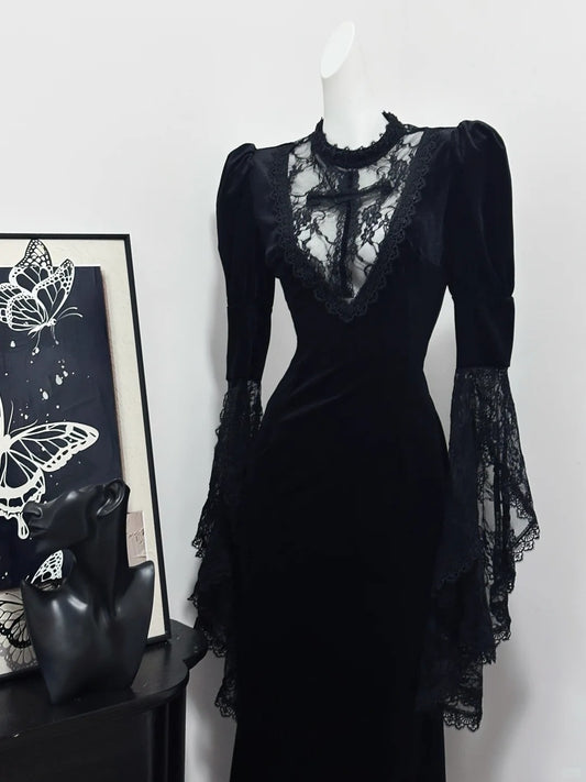 Black Vintage Elegant Delicate Lace Long Velvet Homecoming Dress Prom Dress Evening Dress Birthday Party Dress Prom Dress nv4049