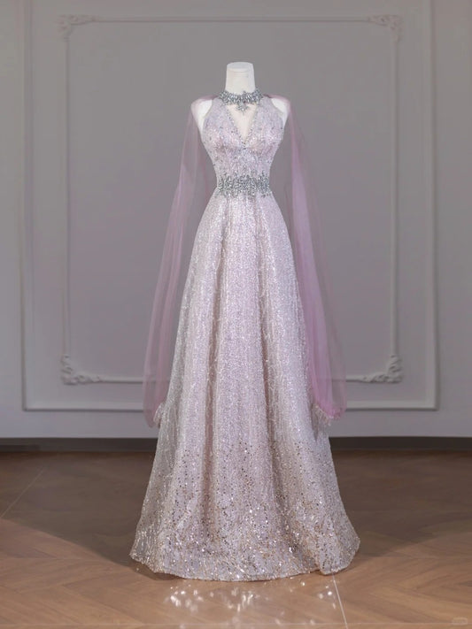 Pink Sparkling Beaded Long Sequined Tulle Prom Dress nv4969