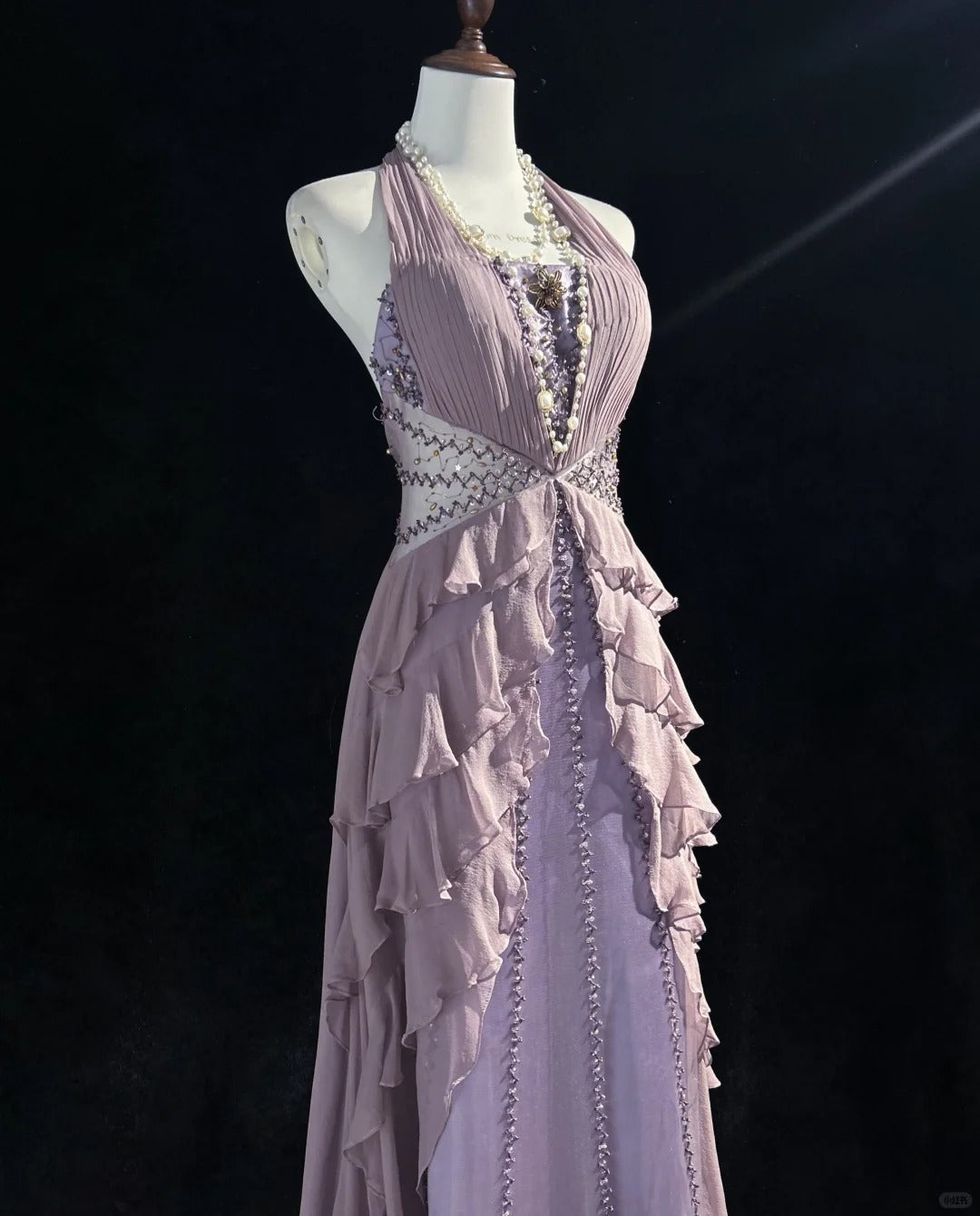 Lila zarte Perlen elegante lange Tüll Ballkleid Abendkleid nv4925