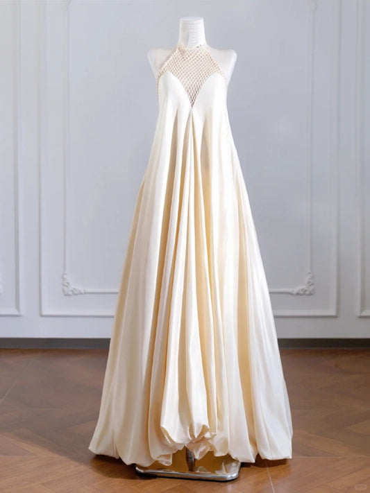 Champagne Fashion Strap Long Satin Prom Dress Evening Dress Party Dress nv4960