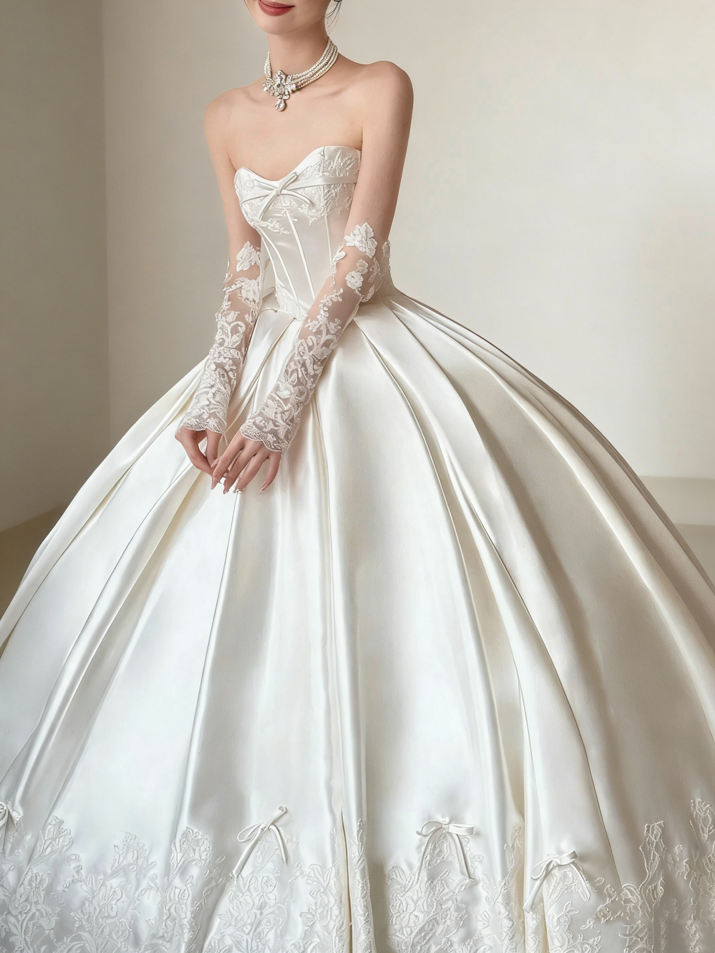 Satin Strapless Lace Train Bridal Gown - Vintage Court Style Wedding Dress NV6761