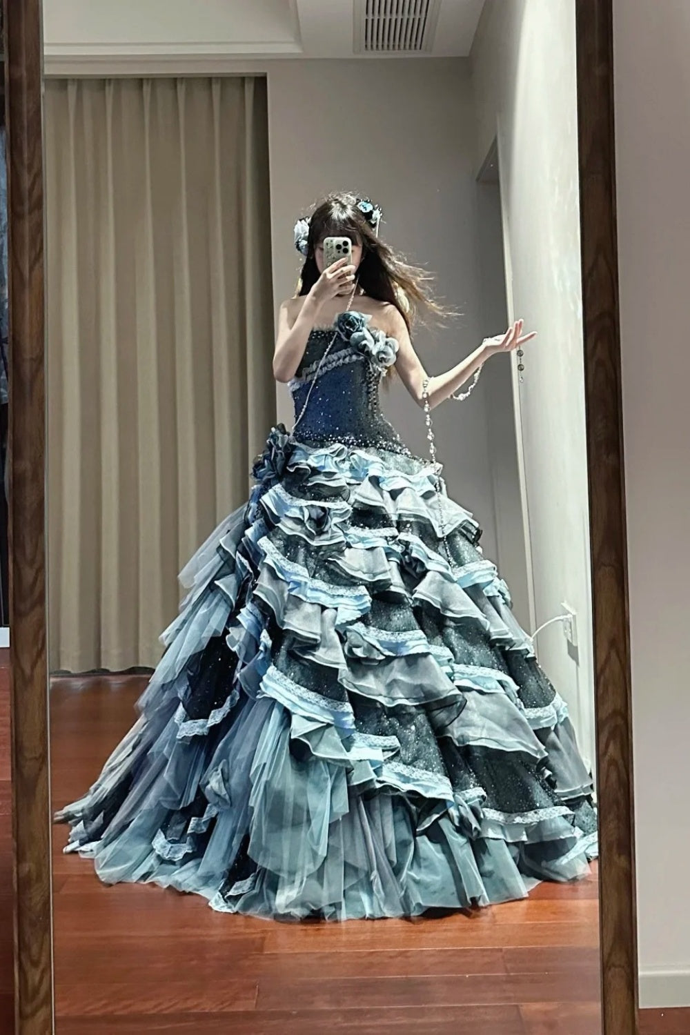 NiceVestidos – Blaues Vintage-Ballkleid mit exquisiten Perlen und langem, mehrlagigem Tüll, Prinzessinnenkleid zum 16. Geburtstag, Märchen-Meerestochter, NV5666