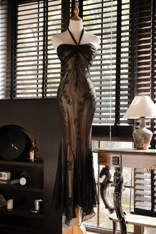 Black Vintage Elegant Delicate Floral Beads Sexy Camisole Sleeveless Long Tulle Chiffon Ball Gown Party Dress Evening Gown Prom Dress nv3951