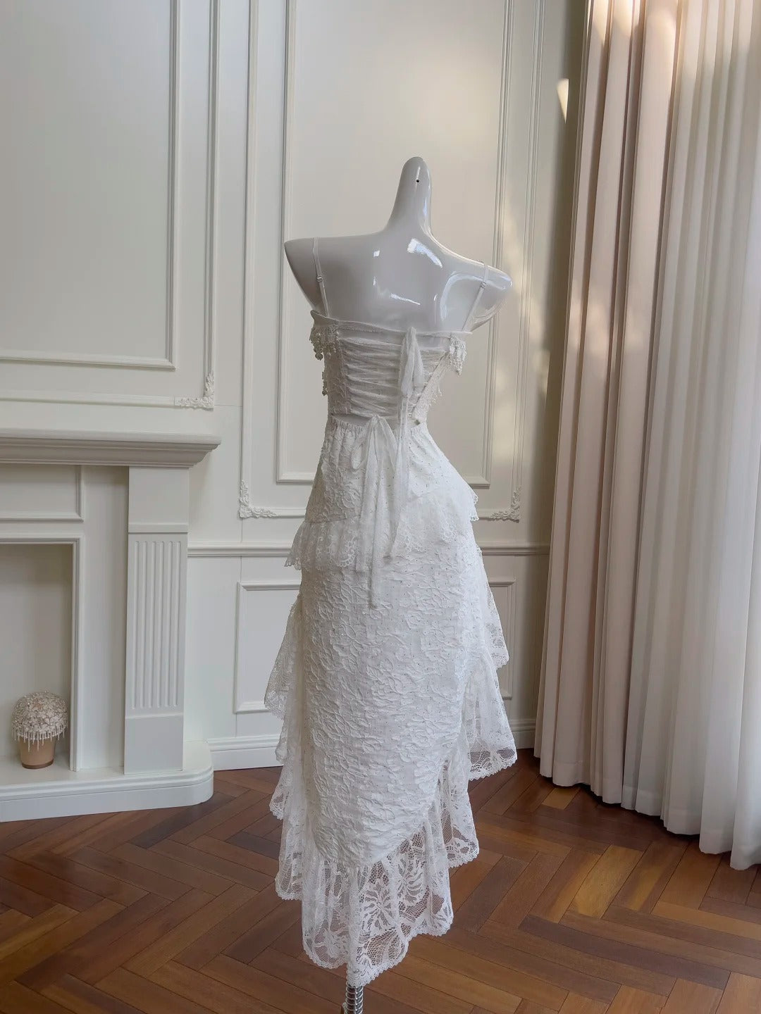 Robe de soirée longue en mousseline de soie, élégante et élégante, en dentelle blanche, douce et perlée, robe de bal, robe de soirée, robe d'anniversaire, robe de soirée, nv4139