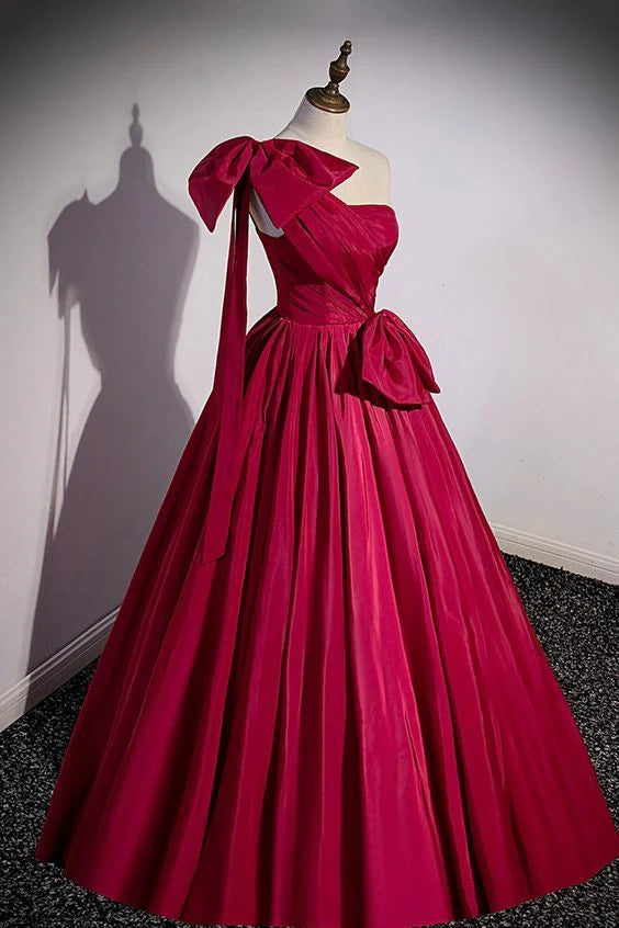 Robe de soirée longue en satin rose vif à une épaule et nœud nv1904