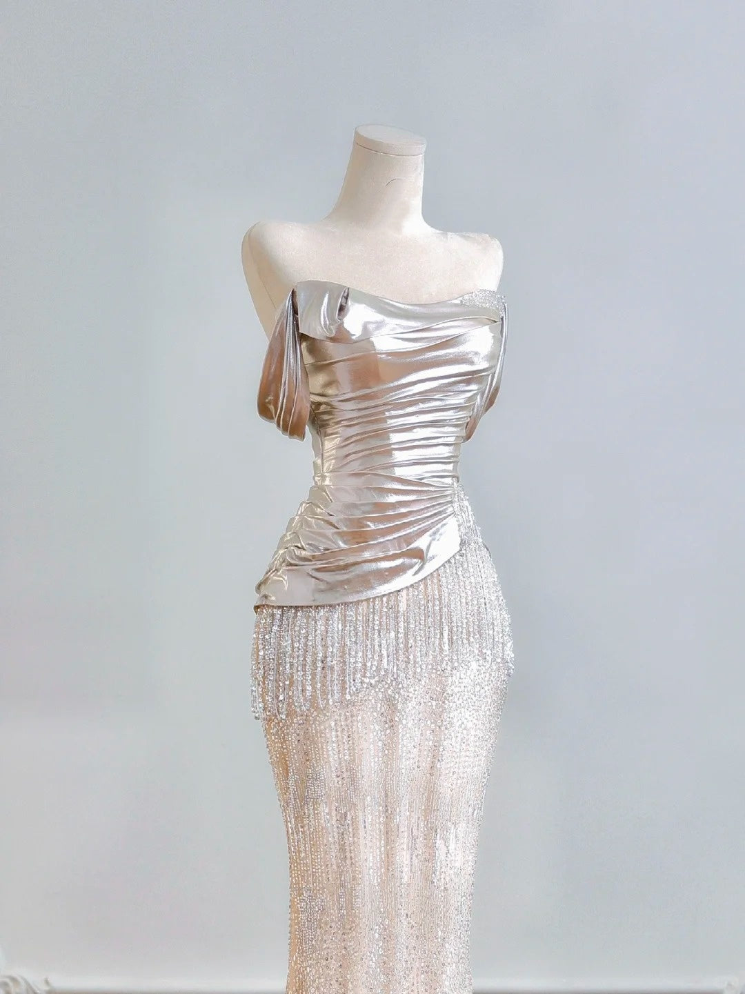 Light Gold Beaded Satin Long Tulle Prom Dress Evening Dress Party Dress nv4945