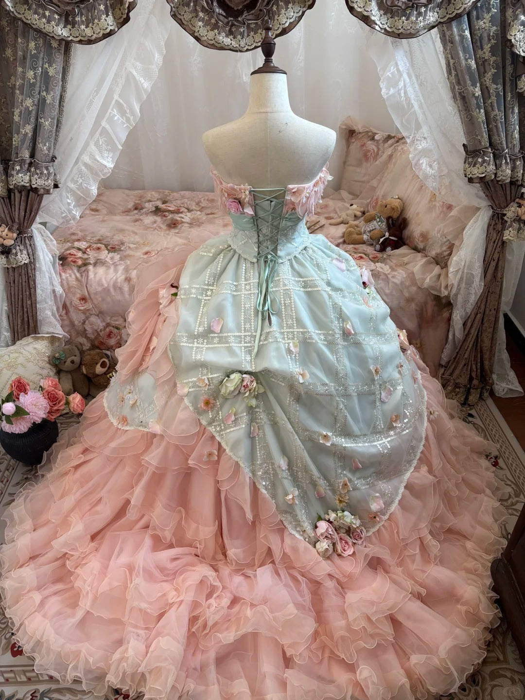 Rosa, bodenlanges Ballkleid aus Tüll mit Blumenmuster, nv5172