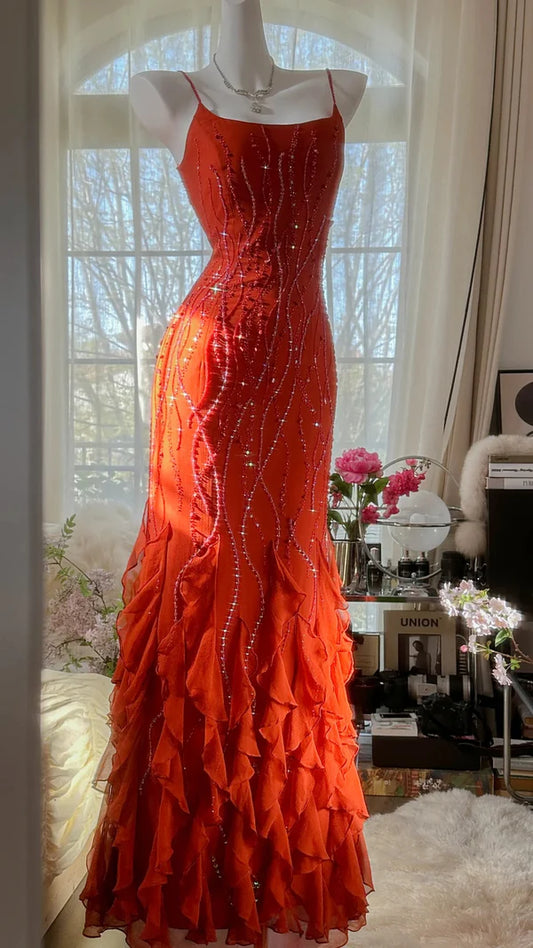 Vintage Evening Dresses, Orange Mermaid Sleeveless Long Party Gowns nv4330