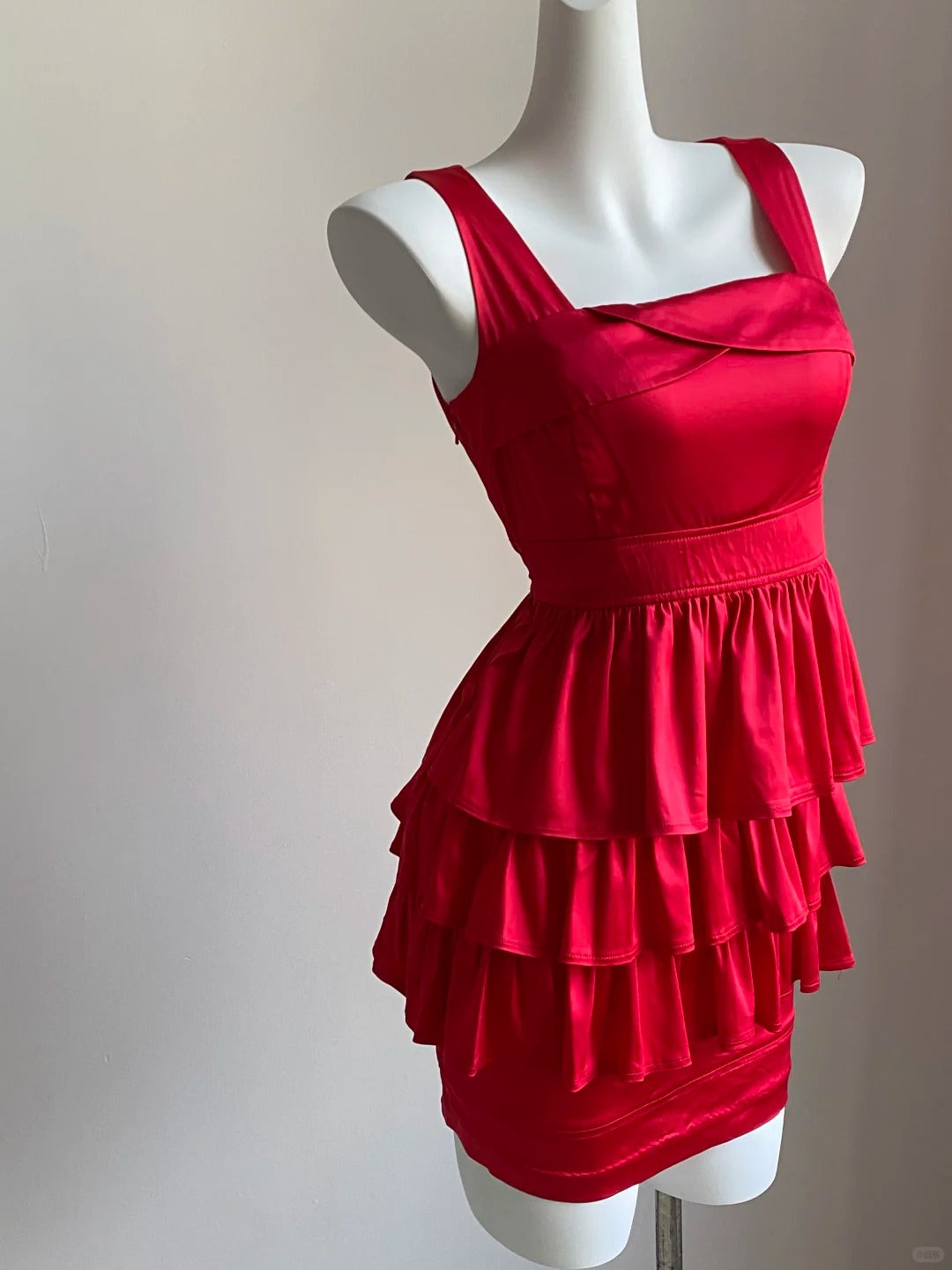 Red ruffle short satin homecoming dress birthday dress nv5159