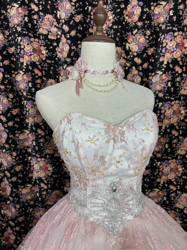 Pink Vintage Fashion Floral Beaded A-Line Long Tulle Off-Shoulder Ball Gown Quinceanera Dress Evening Gown nv4219