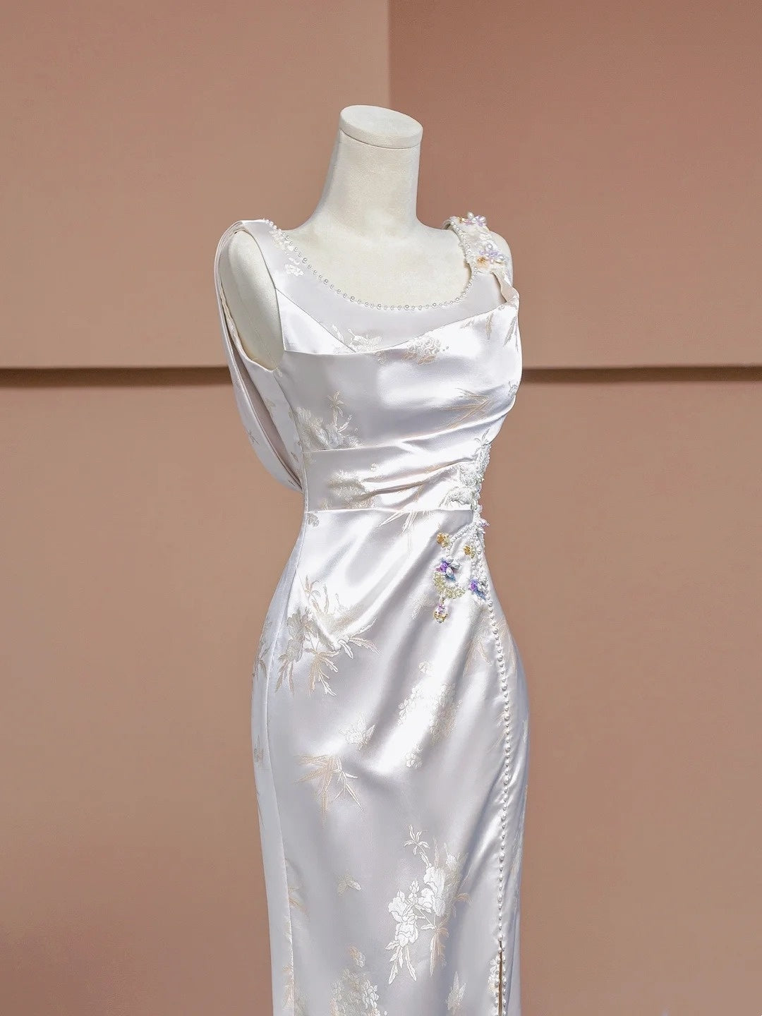 White floral elegant long satin party dress prom dress evening gown nv4542