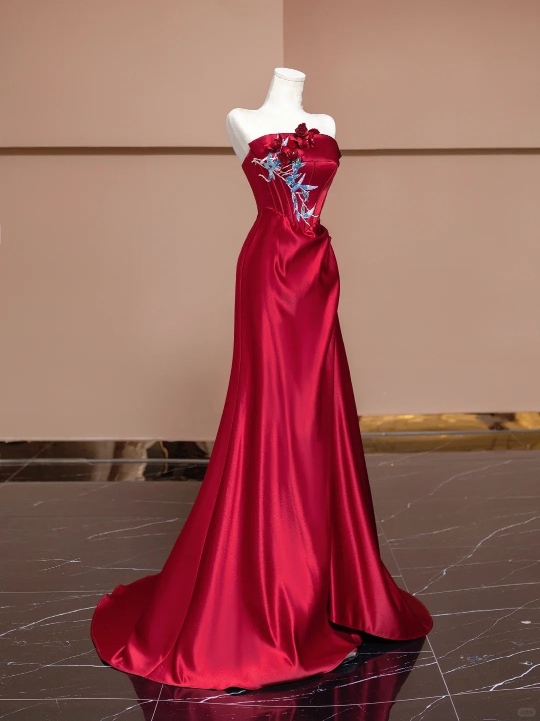 Red Beaded Long Satin Floor Length Ball Gown Evening Dress nv5050