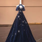 Blue Exquisite Star Beaded Long Velvet Prom Dress Ball Gown Evening Gown Party Gown nv4732