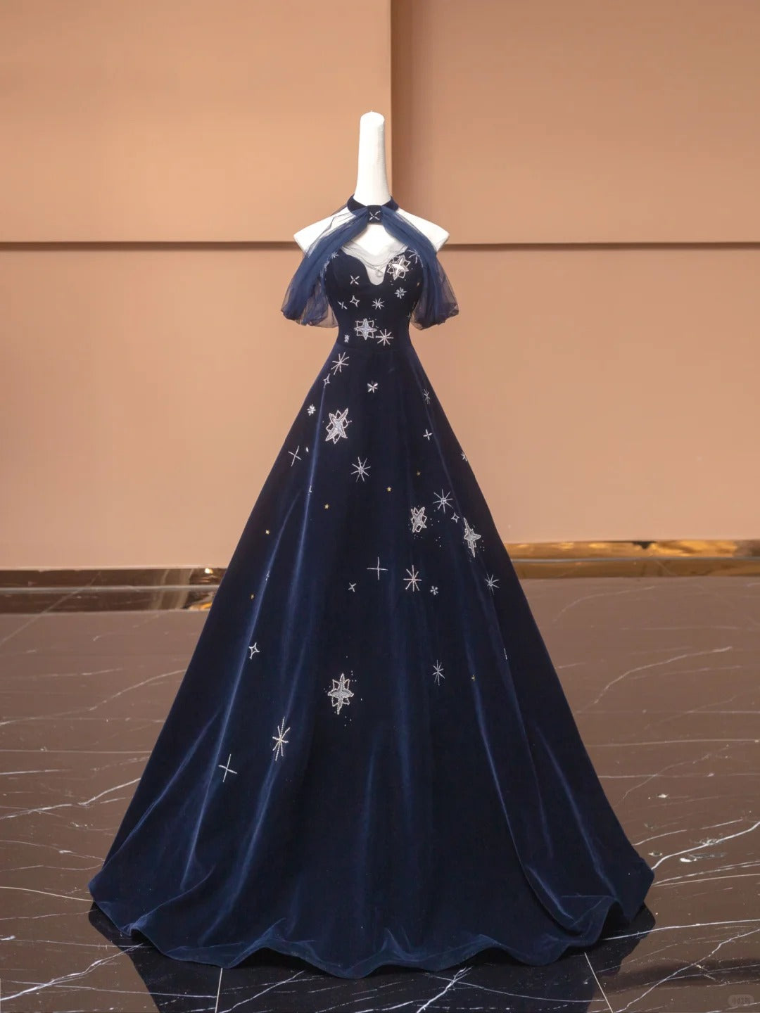 Blue Exquisite Star Beaded Long Velvet Prom Dress Ball Gown Evening Gown Party Gown nv4732