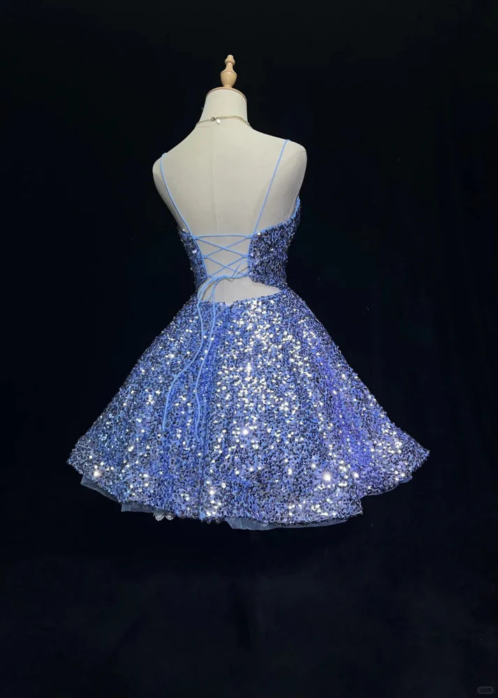 Blue Shiny Princess Sequin Short Fashion Homecoming Dress Prom Dress Evening Dress Elsa's Ice Party nv4287