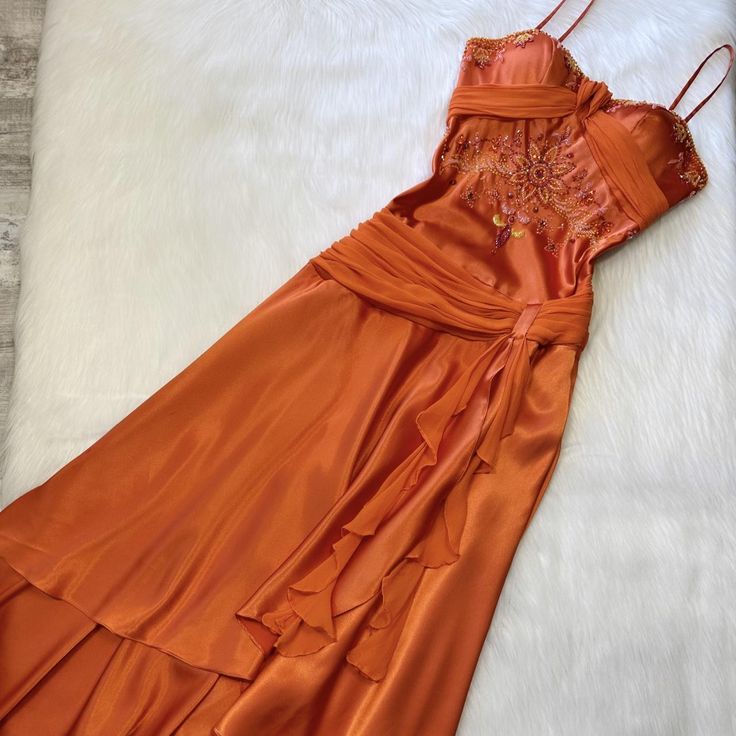 NiceVestidos--Orange Satin Embroidered Spaghetti Strap Prom Dress NV5759