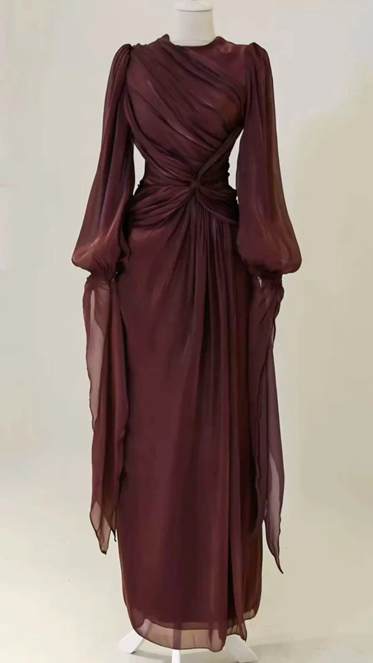 Burgundy Vintage Elegant Long Sleeves Graceful A-Line Long Chiffon Ball Gown Evening Dress Party Dress nv4160