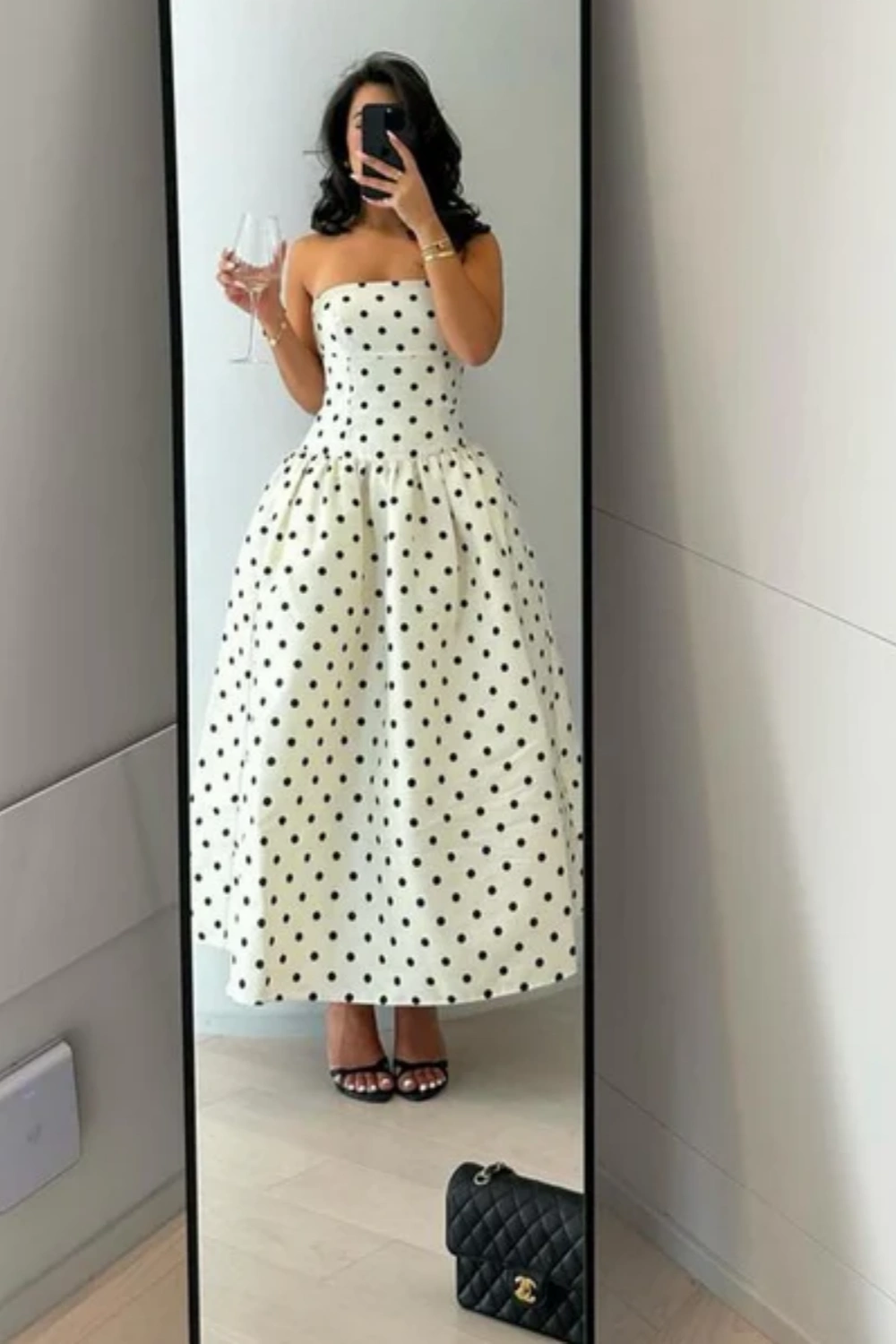 White polka dot fashionable mid-length chiffon homecoming dress birthday party dress nv5283