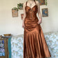 Robe de soirée longue en satin marron dos nu, coupe trapèze, robe de soirée formelle vintage nv1899