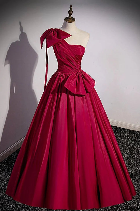 Robe de soirée longue en satin rose vif à une épaule et nœud nv1904