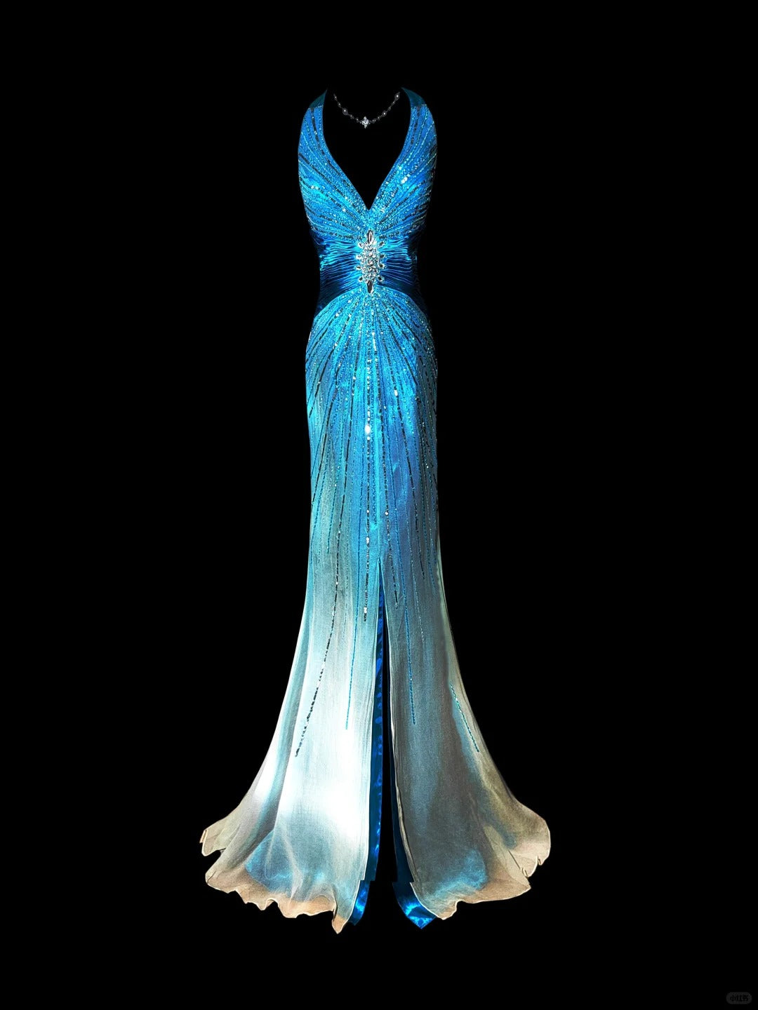 Blue shiny luxury gorgeous vintage elegant exquisite beaded backless long mermaid floor length trailing satin ball gown evening dress party dress prom dress nv3966